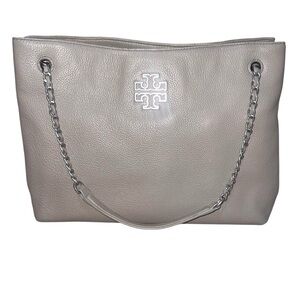 EUC Tory Burch Britten French Grey Pebbled Leather Triple Compartment Tote